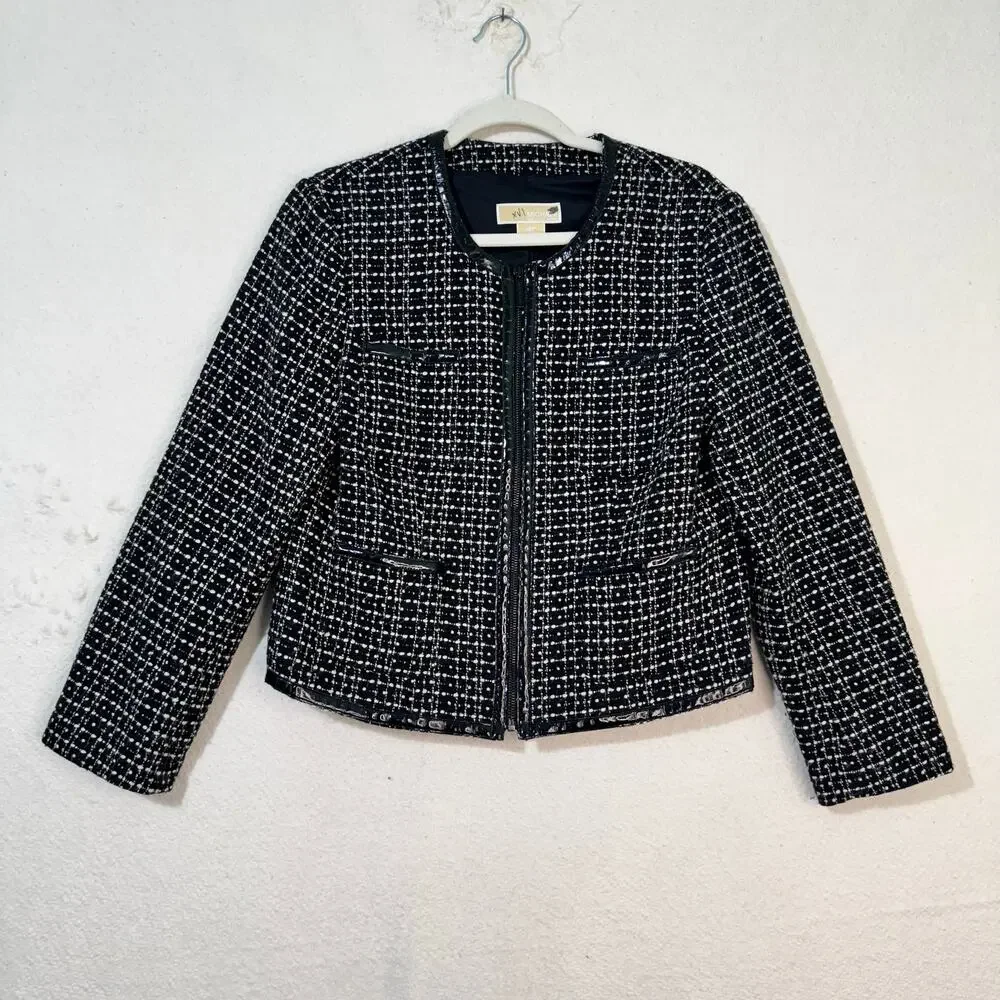 Michael Kors Black White Wool Tweed Blazer Jacket Patent Leather Trim Petite 12